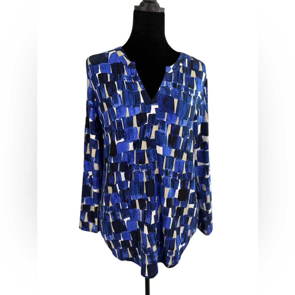 NIC+ZOE Artist Blocks Split Neck Top Blue Multicolor Size M